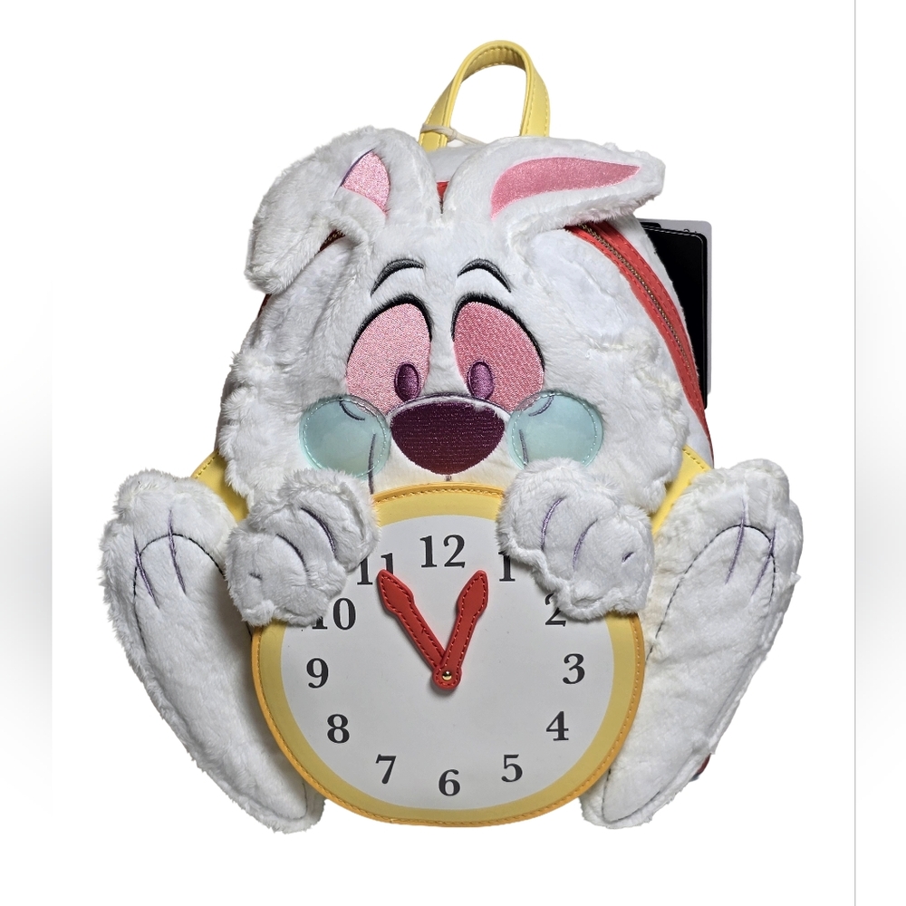Loungefly Disney Alice White Rabbit Fuzzy Clock Mini Backpack NWT With Tags